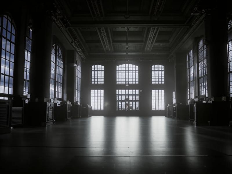 Salle de marché vide avec lumière dramatique