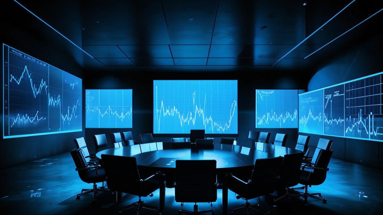 Salle de conférence tech en noir et blanc avec overlay cobalt