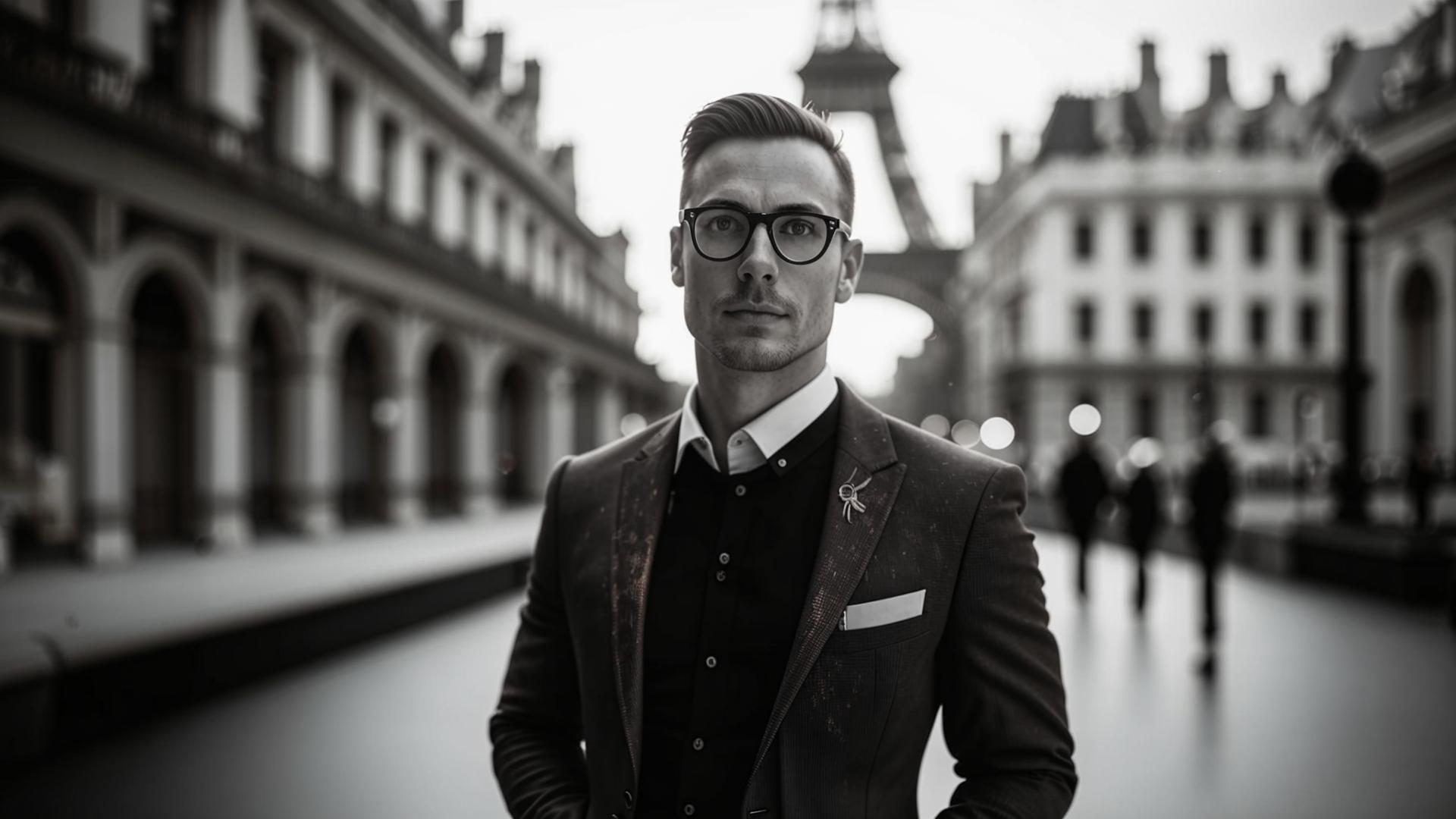 Portrait stylisé d’un fondateur en noir et blanc avec overlay cuivre